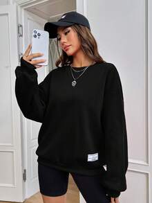 SHEIN EZwear 素色字母補丁細節落肩袖加絨內裏運動衫 - 黑色 - 查看 4