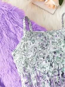 SHEIN Tween Girl 2pcs/Set Plush Coat And Sequin Cami Dress Suit - Purple - View 4