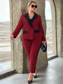 SHEIN Privé Plus Contrast Panel Peak Collar Blazer & Pants In Fall/Winter - Burgundy - View 4