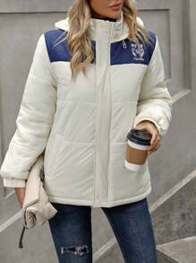 SHEIN Unity Women'S Hooded Color Block Down Coat, Versatile Fall Cloth For Women - White - View 6