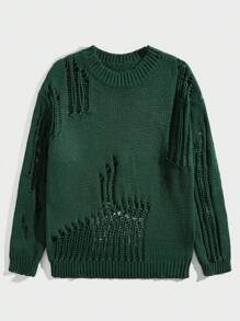 ROMWE MEN Street Life Men's Distressed Sweater - Dark Green - View 1