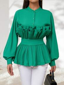 SHEIN Privé 優雅褶皺邊 荷葉邊 前紐扣純色女士襯衫 - 墨綠色 - 查看 5