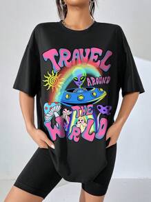 SHEIN EZwear Casual Mushroom & Letter Printed Oversized Short Sleeve Women's T-Shirt, Summer TRAVEL AROUND THE WORLD - Black - View 5