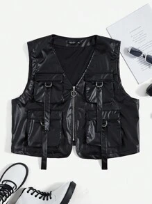 SHEIN EZwear 大碼翻蓋口袋拉鏈開襟皮革外觀夾克背心 - 黑色 - 查看 1