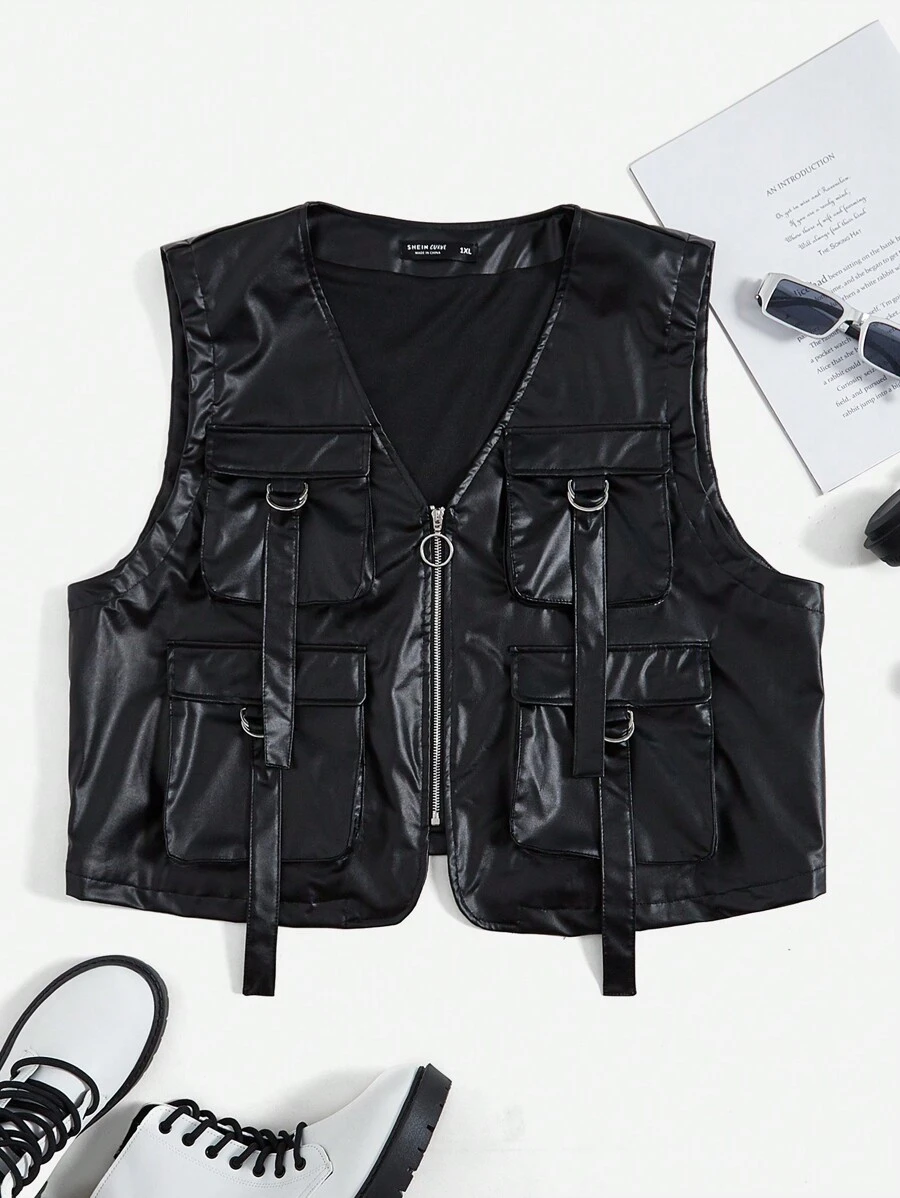 SHEIN EZwear 大碼翻蓋口袋拉鏈開襟皮革外觀夾克背心 - 黑色 - 查看 1