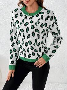 SHEIN LUNE Leopard Pattern Contrast Trim Drop Shoulder Sweater Knit Pullover Fall Winter Outfit