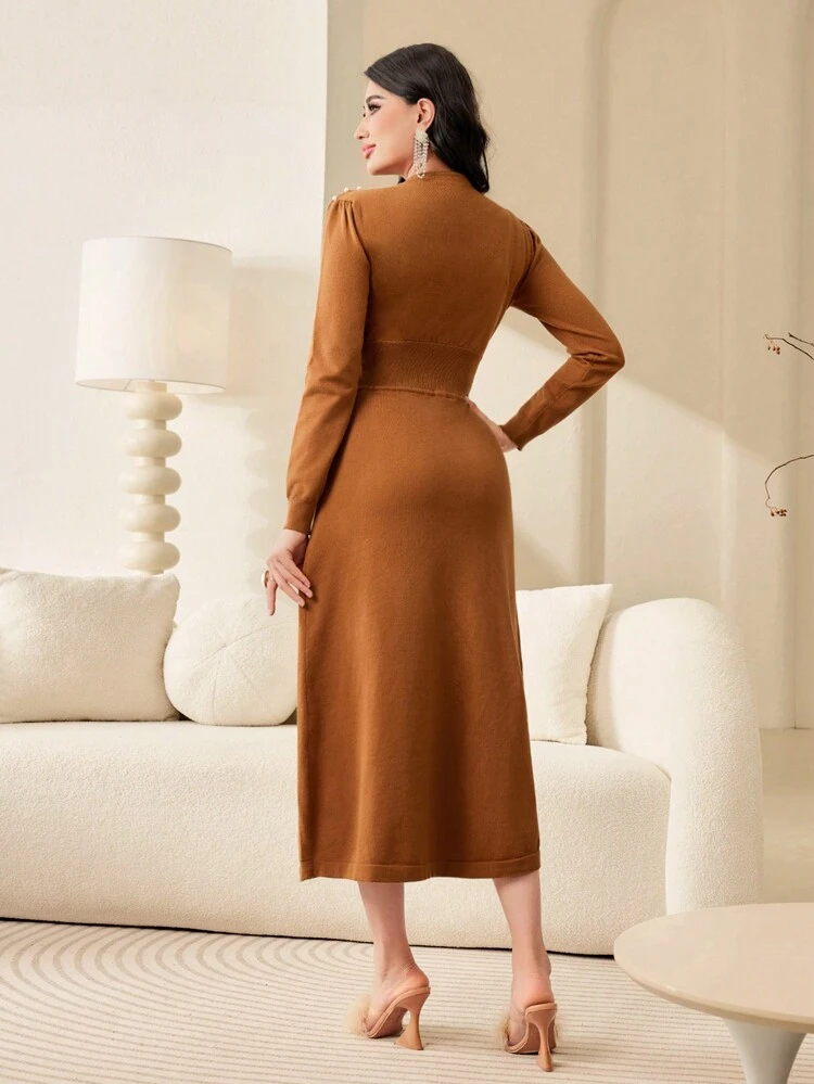 Ladies' Solid Color V-neck Long Sleeve Sweater Dress