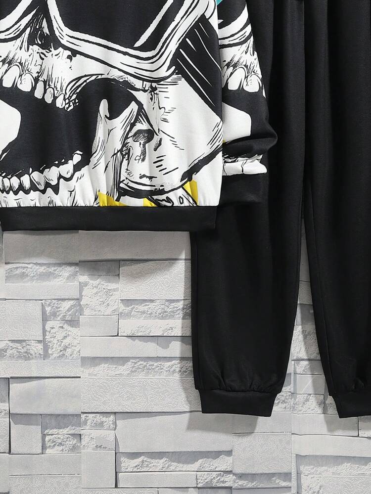 Boys And Girls Casual Printed Pattern Hooded Pullover Top Solid Color Pants Knitted Two-piece Set