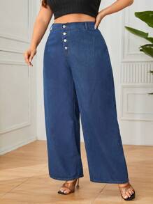 SHEIN Privé 大尺碼純棉直筒褲 - 藍色 - 查看 5