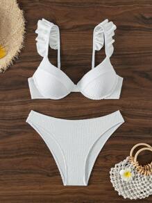 SHEIN Swim 夏季女士褶边比基尼套装 - 白色 - 查看 3