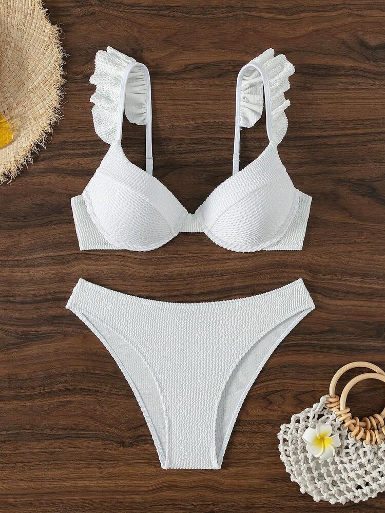 SHEIN Swim 夏季女士褶边比基尼套装 - 白色 - 查看 3