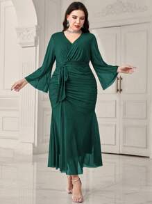 Modelyn Vestido Plisado De Talla Grande Para Mujer Con Dobladillo De Volantes Y Mangas Acampanadas - Verde Oscuro - Ver 6