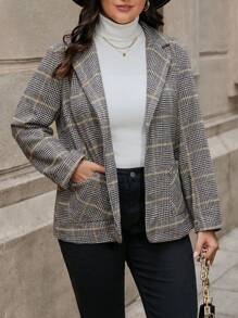 EMERY ROSE Plus Houndstooth Print Lapel Neck Overcoat Fall Cloth For Women - Multicolor - View 6