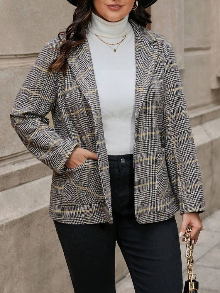 Plus Houndstooth Print Lapel Neck Overcoat Fall Cloth For Women