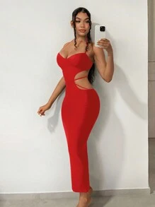 SHEIN SXY Cắt bỏ eo Halter Neck Không lưng Viền chia cắt Đầm - Đỏ - Xem 4