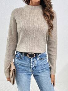 SHEIN Frenchy 純色蝙蝠袖毛衣 - 杏色 - 查看 4