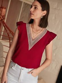 SHEIN Frenchy Guipure Lace Panel Butterfly Sleeve Blouse Summer Burgundy - Burgundy - View 5