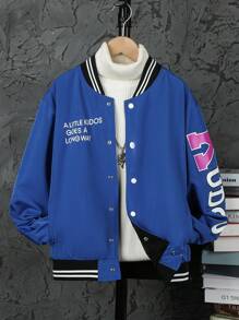 Teen Boy 1pc Letter Graphic Striped Trim Drop Shoulder Varsity Jacket Autumn Fall - Blue - View 1