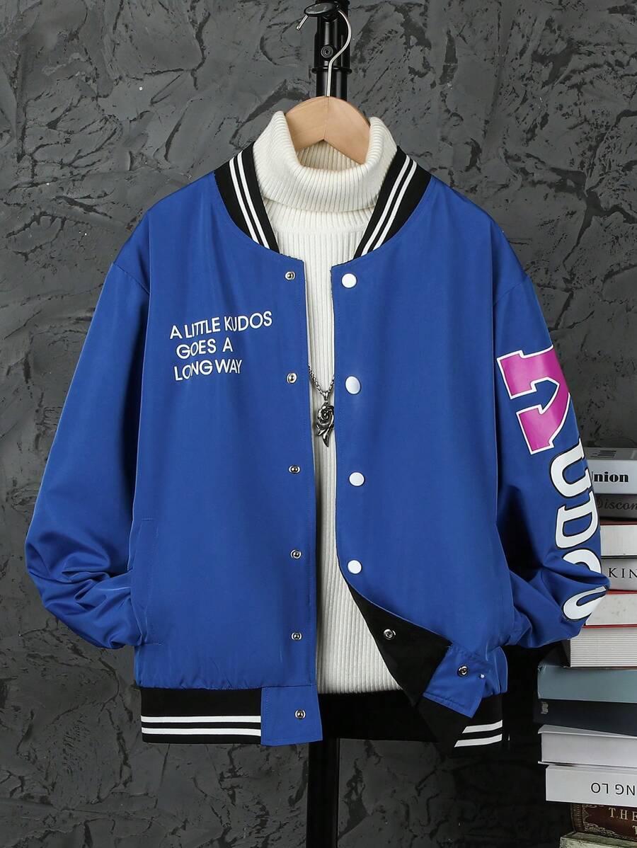 Teen Boy 1pc Letter Graphic Striped Trim Drop Shoulder Varsity Jacket Autumn Fall - Blue - View 1