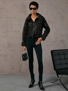 SHEIN Essnce Zip Up PU Leather Belted Moto Jacket - Black - View 6