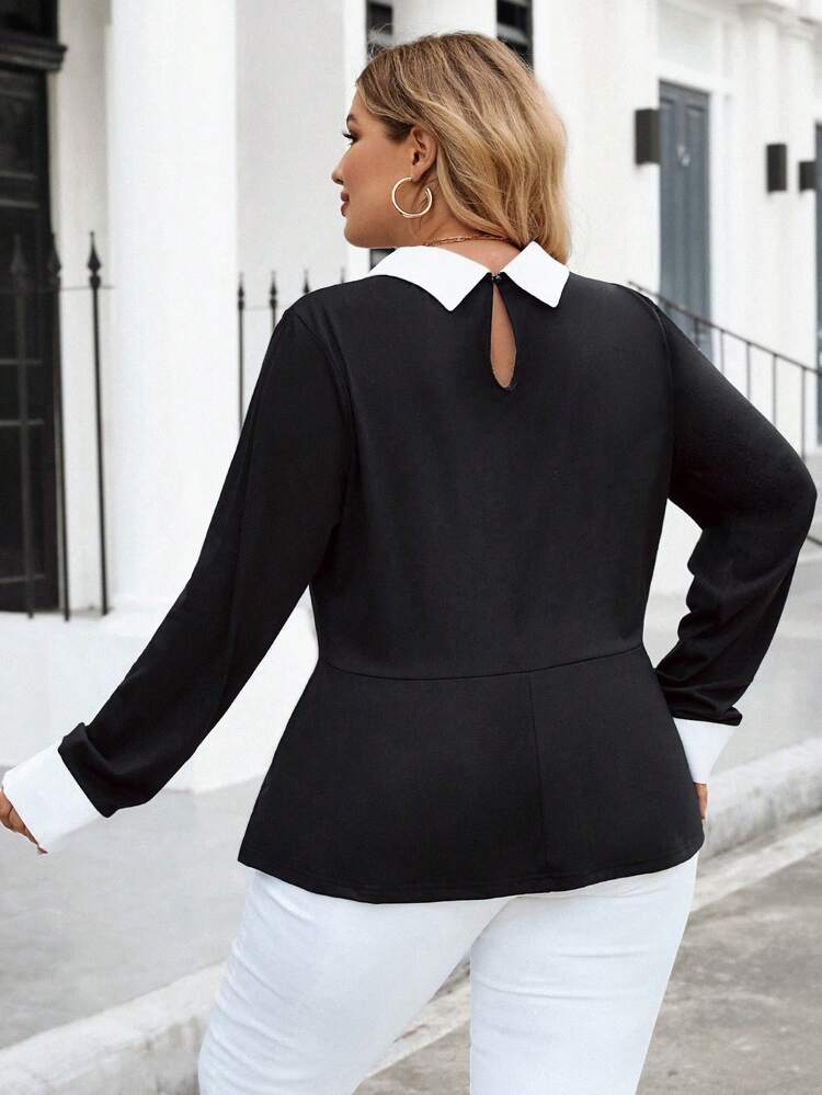 Plus Size Color Block Tee With Patchwork Neckline