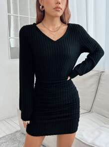 SHEIN PETITE 羅紋針織高領毛衣洋裝 - 黑色 - 查看 6