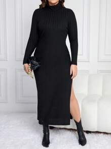 SHEIN Frenchy 大碼高領高衩條紋針織洋裝不附腰帶 - 黑色 - 查看 3