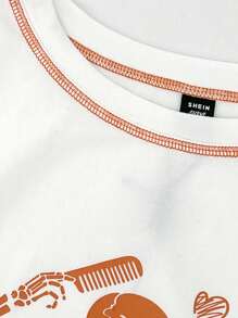 SHEIN EZwear 大碼骷髏&標語圖案頂針短款T恤 - 白色 - 查看 5