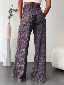 SHEIN Cottnline Paisley Print Wide Leg Pants - Blue - View 2