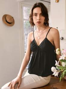 SHEIN Frenchy Top de tirantes unicolor bajo con fruncido - Negro - Ver 1