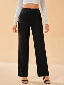 SHEIN Tall 素色斜口袋直筒褲 - 黑色 - 查看 6