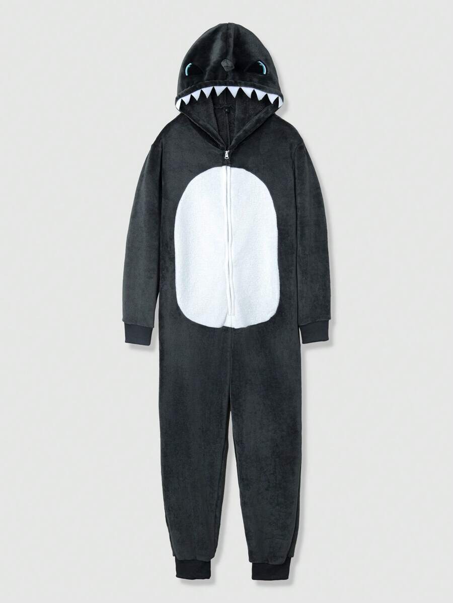 Men Shark Pattern Zip Front Fleece Hooded Loungewear Jumpsuit, For Fall Winter, Fluffy