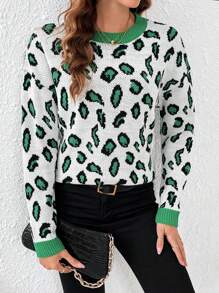 SHEIN LUNE Leopard Pattern Contrast Trim Drop Shoulder Sweater Knit Pullover Fall Winter Outfit