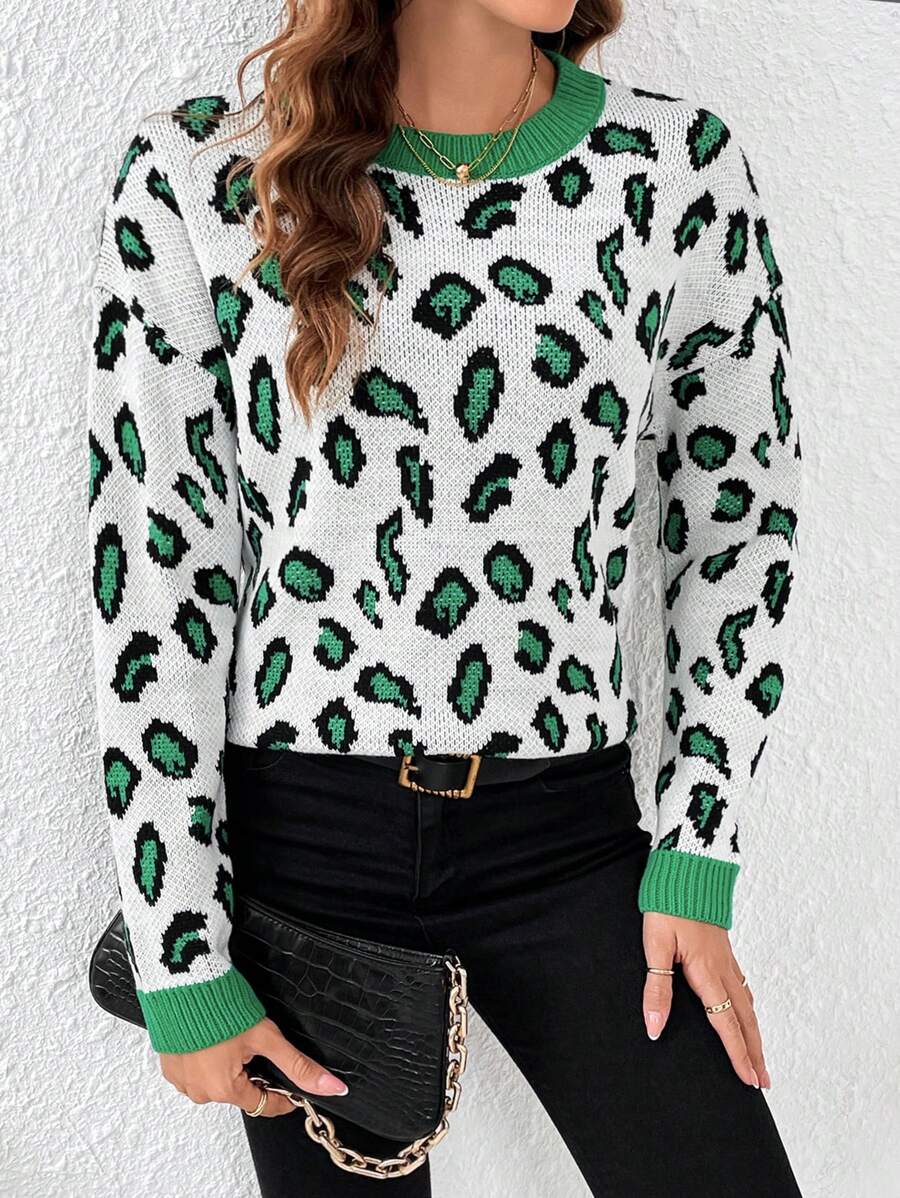 SHEIN LUNE Leopard Pattern Contrast Trim Drop Shoulder Sweater Knit Pullover Fall Winter Outfit