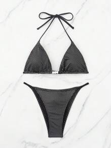 SHEIN Swim Rhinestone Studded Triangle Cup Bikini Set Summer - Black - View 4