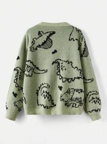 Sunspun Plus Dinosaur Pattern Drop Shoulder Button Front Cardigan, Winter Fall Cloth For Women Autumn