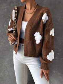 SHEIN Qutie 女款開襟羊毛衫,3d雲絨圖案 - 咖啡棕 - 查看 5