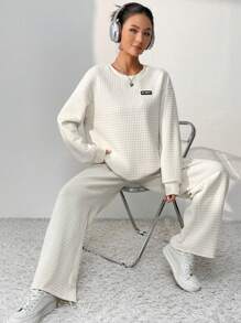 SHEIN Unity Conjunto de 2 piezas de top de manga larga con hombros caídos y pantalones de punto waffle para mujer - Albaricoque - Ver 3