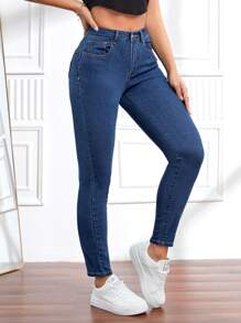High Waist Skinny Jeans - Blue - View 6