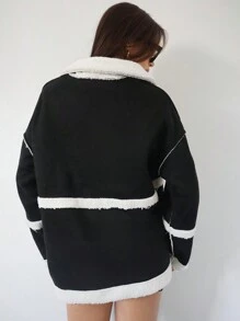 SHEIN Essnce 撞色前紐扣雙口袋落肩袖外套 - 黑色 - 查看 2