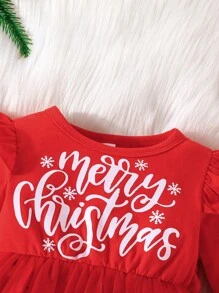 Bebé niña Vestido de malla con estampado de Navidad ribete con fruncido - Rojo - Ver 7