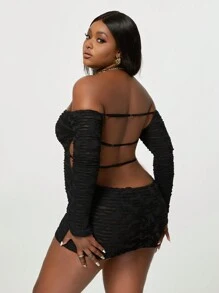Plus Off Shoulder Cut Out Backless Mesh Bodycon Dress - Black - View 1