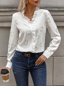 SHEIN Frenchy 愛心圖案荷葉邊襯衫 - 白色 - 查看 1