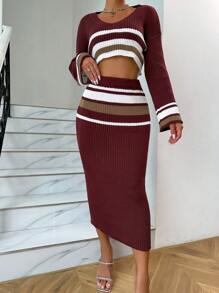 Zolique Streifen Muster, Drop Shoulder Crop Pullover mit & Strick Rock mit - Verschiedenfarbig - Übersicht 4