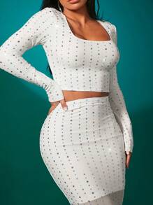 SHEIN SXY 方領紮細腰鑽石短上衣+人魚褶邊裙套裝 - 白色 - 查看 4