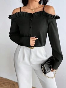 SHEIN Privé 女士領口褶皺前置釦襯衫，配以褶邊裝飾 - 黑色 - 查看 3