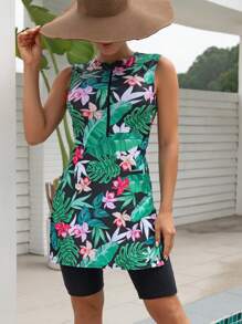 Tropical Print Zip Front Tankini - Multicolor - View 1