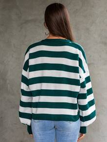 Striped Pattern Drop Shoulder Cardigan - Green - View 2