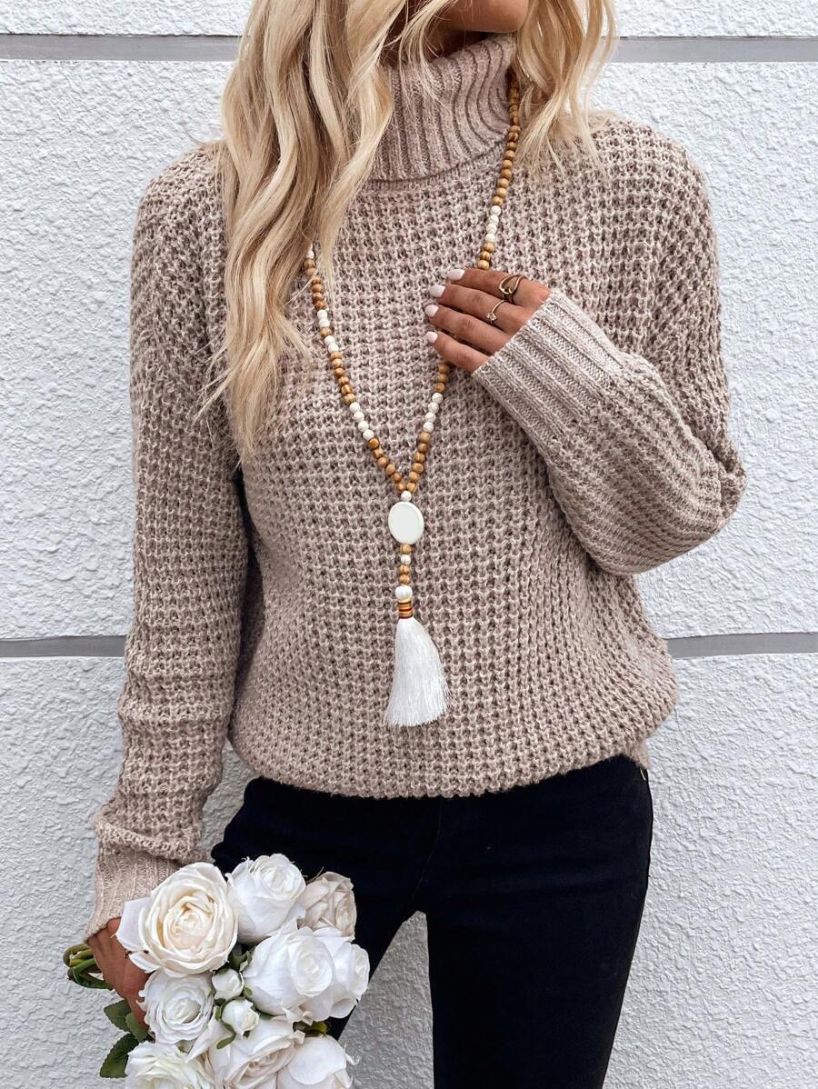 SHEIN LUNE Thả vai Áo cao cổ Áo len - Màu Khaki - Xem 1
