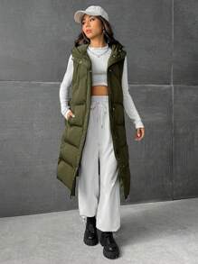 SHEIN EZwear Women's Sleeveless Long Puffer Jacket For Winter - Army Green - View 6
